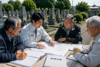 岡崎市周辺の地域墓地で管理費の見直しについて話し合う管理委員会関係者