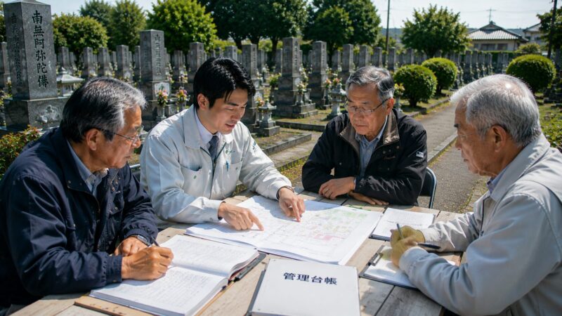 岡崎市周辺の地域墓地で管理費の見直しについて話し合う管理委員会関係者