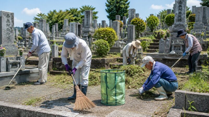 岡崎市周辺の地域墓地で墓地清掃や草取り作業を行っている様子