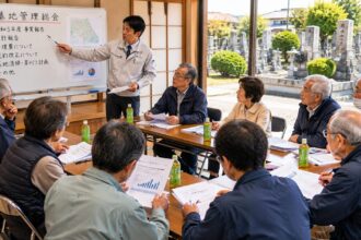 岡崎市周辺の地域墓地で墓地総会の運営や今後の課題について話し合っている様子