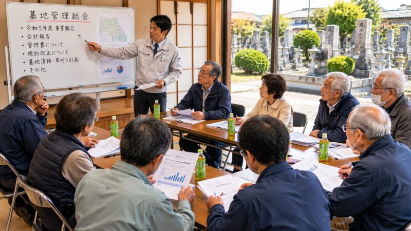 岡崎市周辺の地域墓地で墓地総会の運営や今後の課題について話し合っている様子