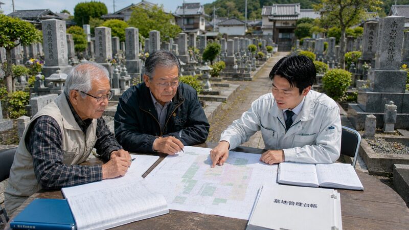 岡崎市周辺の地域墓地で墓地管理の相談事例や解決策について説明している様子