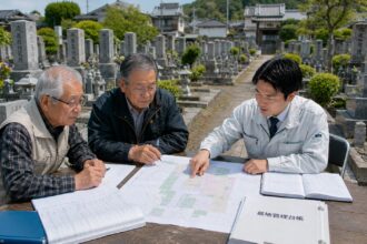 岡崎周辺の地域墓地で墓地管理委員と石材店スタッフが管理改善の事例について打ち合わせをしている様子