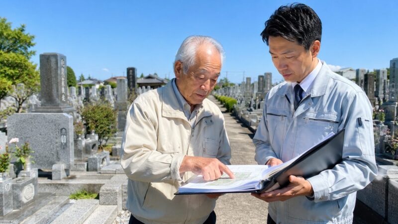 岡崎市周辺の地域墓地で墓地管理委員長と石材店スタッフが管理資料を確認している様子