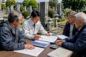 岡崎市周辺の地域墓地で墓地管理費不足の課題について墓地管理委員と石材店スタッフが話し合っている様子