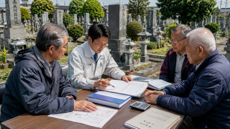 岡崎市周辺の地域墓地で墓地管理費不足の課題について墓地管理委員と石材店スタッフが話し合っている様子