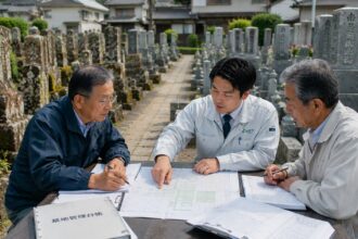 岡崎市周辺の地域墓地で墓じまいと将来の墓地管理について相談している様子