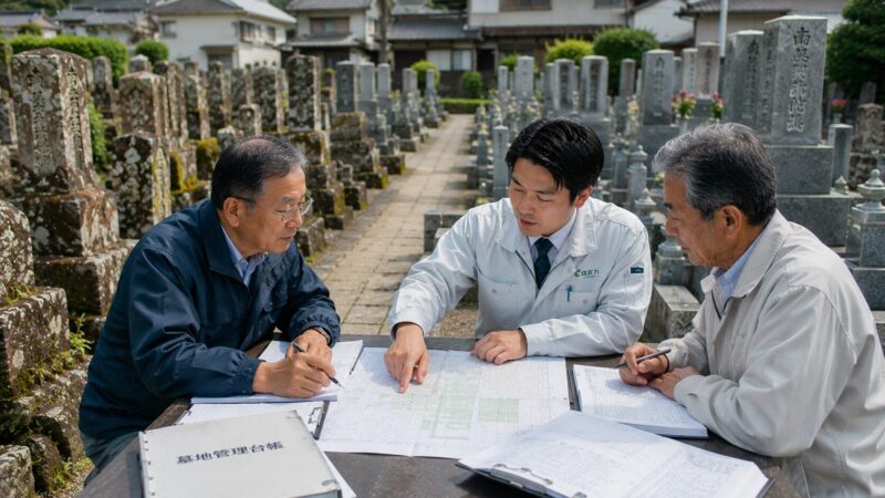 岡崎市周辺の地域墓地で墓じまいと将来の墓地管理について相談している様子