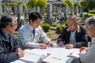 岡崎市周辺の地域墓地で墓地管理の外部委託について墓地管理委員と石材店スタッフが相談している様子