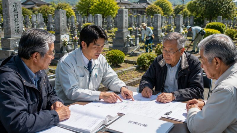 岡崎市周辺の地域墓地で墓地管理の外部委託について墓地管理委員と石材店スタッフが相談している様子