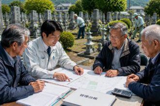 岡崎市周辺の地域墓地で墓地管理代行について相談する管理委員会関係者