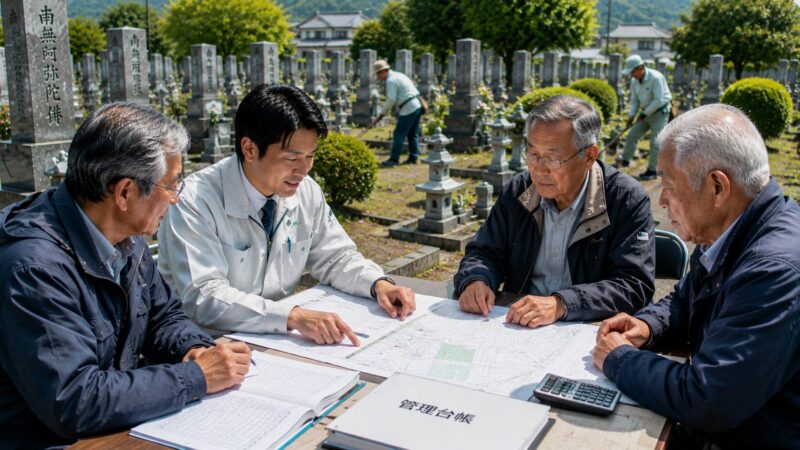 岡崎市周辺の地域墓地で墓地管理代行について相談する管理委員会関係者