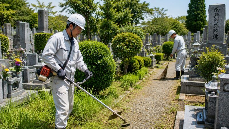岡崎市周辺の地域墓地で草刈りや植栽管理の外部委託について相談している様子