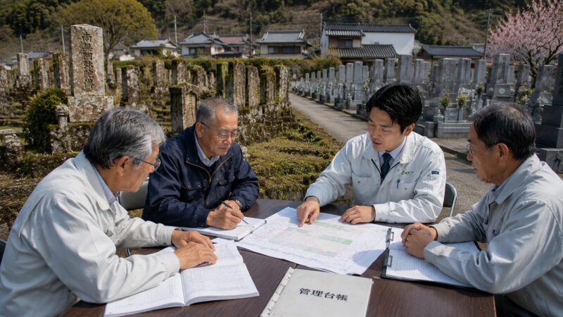 岡崎市周辺の地域墓地で墓じまいと無縁墓問題について相談している様子