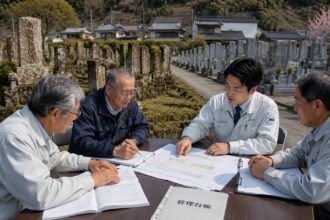 岡崎市周辺の地域墓地で無縁墓や管理者不明墓の問題について相談している様子