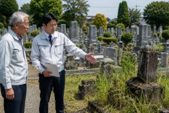 岡崎市周辺の地域墓地で無縁墓や管理者不明墓の課題について相談している様子