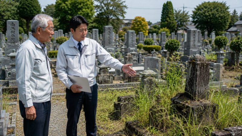 岡崎市周辺の地域墓地で無縁墓や管理者不明墓の課題について相談している様子