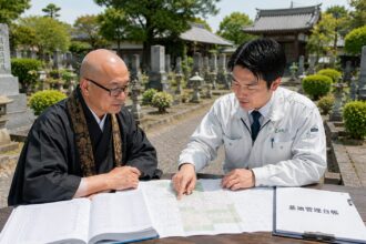 岡崎周辺の寺院墓地で住職と石材店スタッフが無縁墓対策について相談している様子