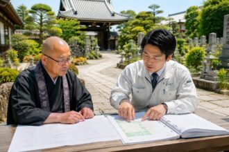 岡崎市周辺の寺院で境内管理や維持管理の課題について話し合っている様子