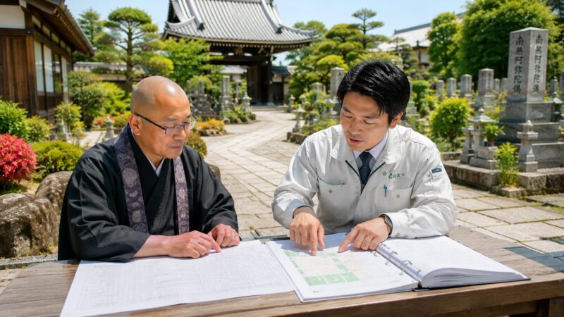 岡崎市周辺の寺院で境内管理や維持管理の課題について話し合っている様子