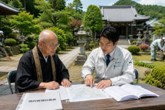 岡崎市周辺の寺院で境内管理の外部委託について相談している様子
