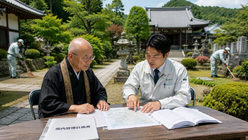 岡崎市周辺の寺院で境内管理の外部委託について相談している様子