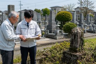 岡崎周辺の地域墓地で石材店スタッフが墓地利用者情報を確認している様子