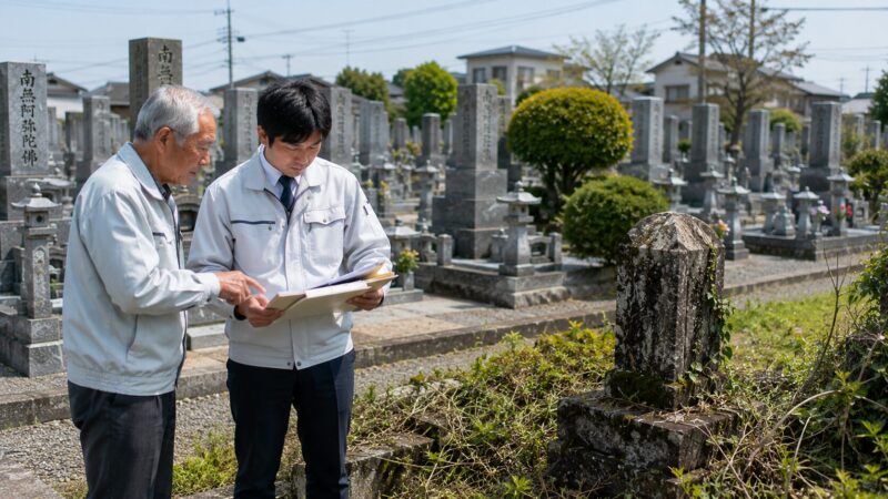 岡崎周辺の地域墓地で石材店スタッフが墓地利用者情報を確認している様子